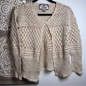 Tiara International Y2K Crochet Cardigan Size Large Cream Boho Open Knit Sweater